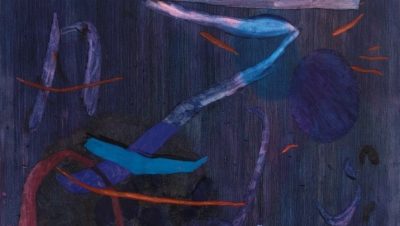 A detail of Clare Grill's "Spine," 2024, a dark blue background with objects in shades of blue and purple on top.