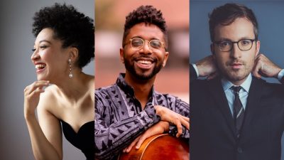 A composite image of headshots of, from left, soprano Julia Bullock, cellist Seth Parker Woods, and pianist Conor Hanick