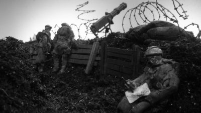A still of the screen during Hotel Modern's "The Great War"