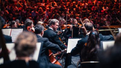 Members of the Royal Philharmonic Orchestra perform in concert.