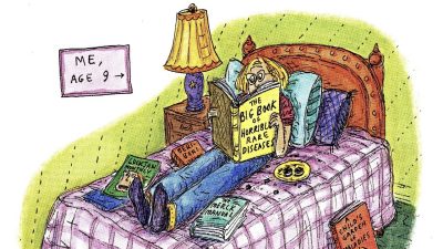 A watercolor cartoon of Roz Chast at age 9, sitting on her bed reading books about various horrible topics.