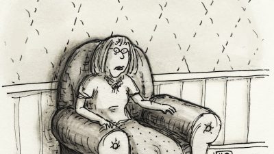 A watercolor cartoon of Roz Chast sitting in an arm chair looking alarmed.