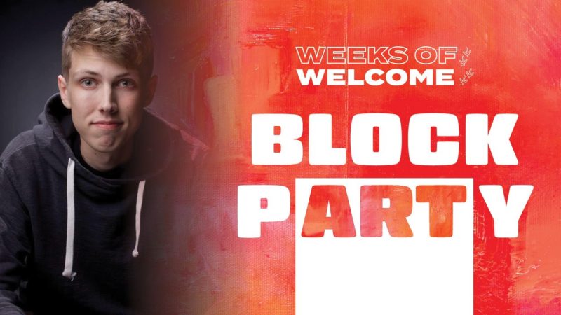 The art for the Weeks of Welcome Block Party, featuring a headshot of comedian Cam Bertrand.