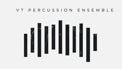  A logo for the Virginia Tech Percussion Ensemble. Black text on a white background reads "VT Percussion Ensemble" and below that is a series of 11 vertical black bars of varying lengths