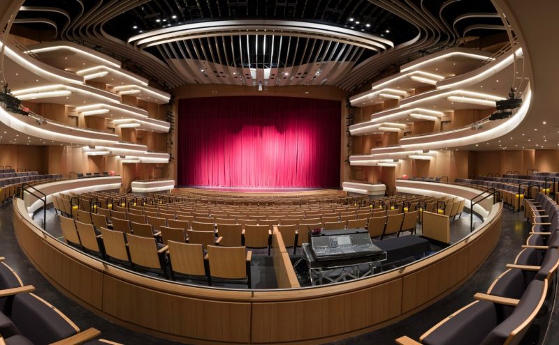  Panoramic picture of the Moss Arts Center's Anne and Ellen Fife theatre. Image is from the rear of the Orchestra level; the seats are empty, and the red curtain covers the stage.