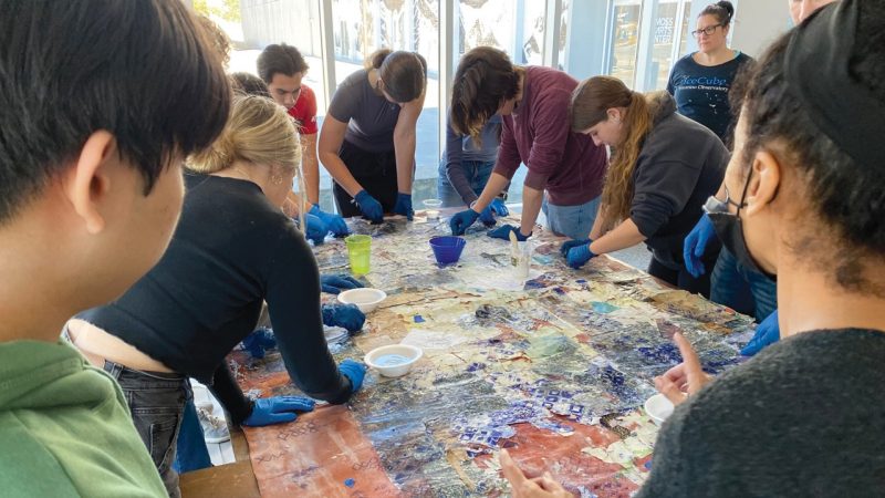 Visual artist Yanira Collado, at right, participated in a two-week residency during the spring 2023 semester, working side-by-side with Virginia Tech students to create several site-specific works to be included in her exhibition, "Zafa/ A Spellworking of Temporal Geometry."