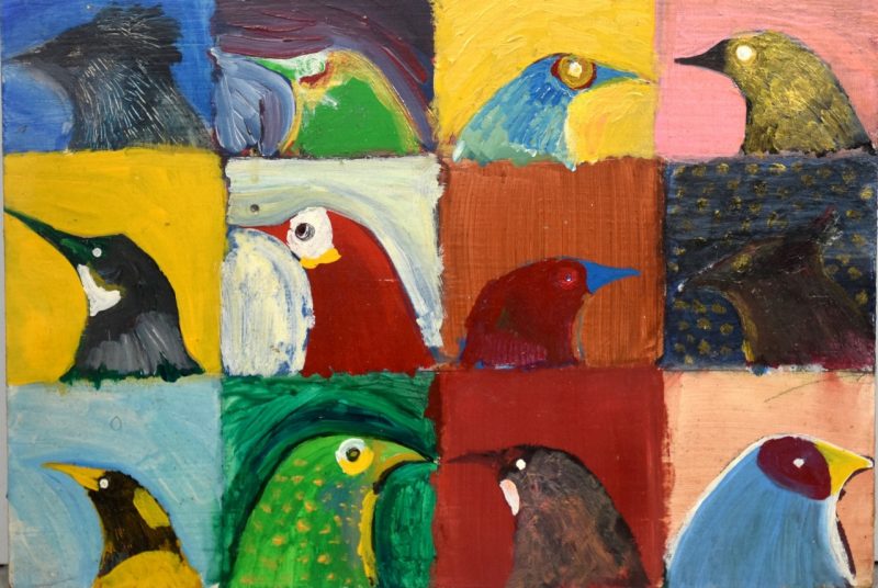 A detailed view of artist Joe Kelley's "The Natural History of the Undescribed Birds," 1993-2016, which shows 12 squares of birds' faces, each turned to the side, some facing left and some facing right. The squares have various colored backrounds and each bird is a different color combination.