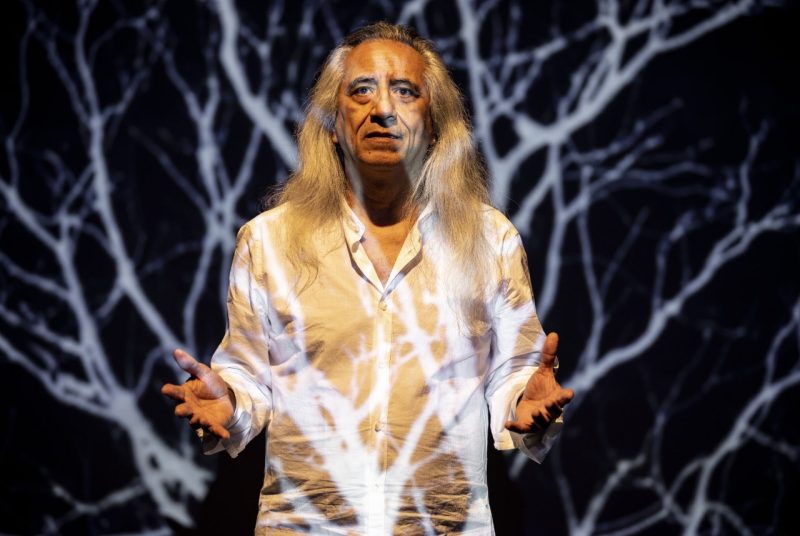 Playwright george emilio sanchez, a middle aged Indigenous man with long grey hair, wears a white button down shirt and lifts both hands in a near shrug, the projection of a desert tumbleweed behind and across him.