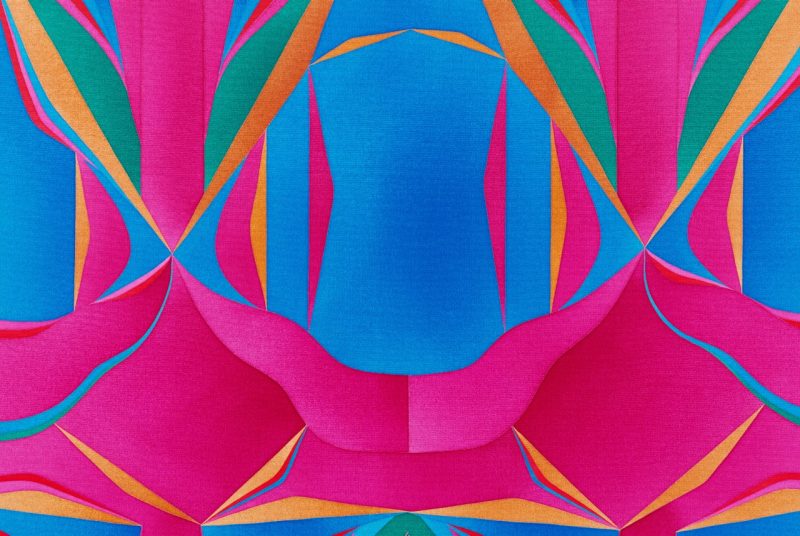 A detailed view of Margaux Ogden's "Bathers (Phthalo Green, Magenta, Cyan & Red)," 2024; acrylic on canvas; 70 x 60 inches. The abstract work features vibrant, interlocking geometric shapes in shades of pink, blue, green, orange, and red, with a central symmetrical motif resembling a stylized human form or a portal.